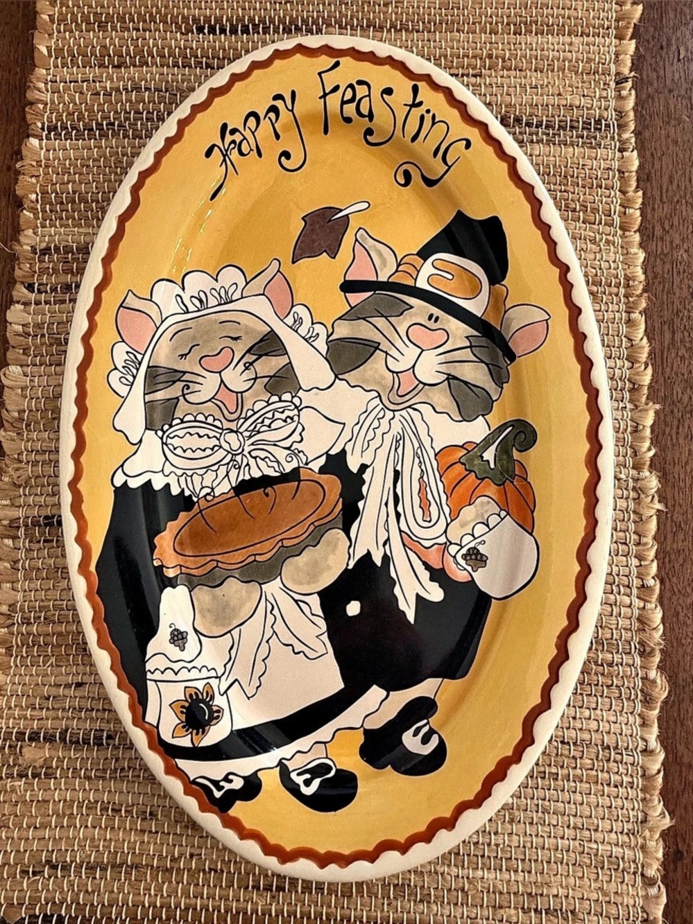 2010 Blue Sky Happy Feasting Thanksgiving Oval Ceramic Platter -Heather Goldmine